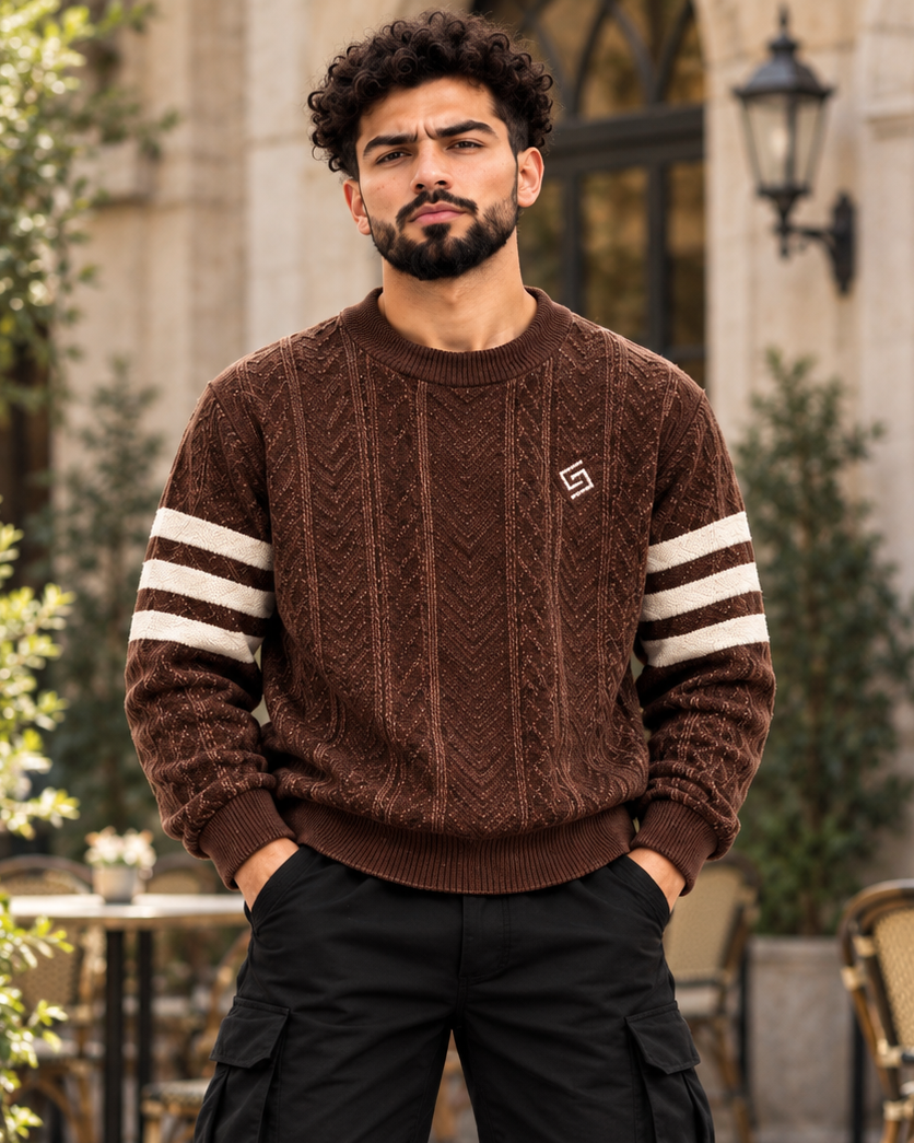 ILEERAยฎ Textured Knit Triple Stripe Crewneck Sweater