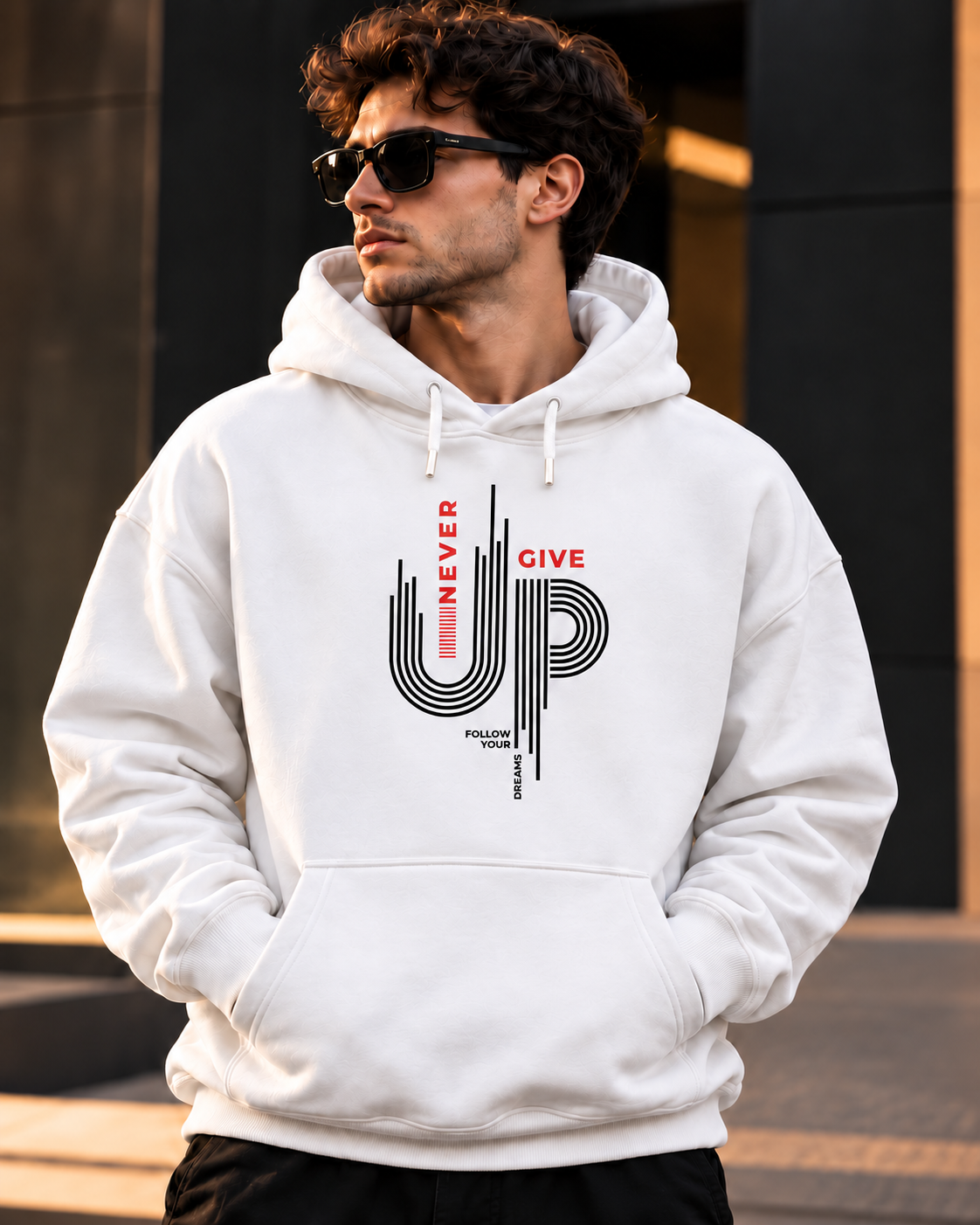 ILEERA® Premium Cotton Never Give Up Graphic Chest Print Hoodie