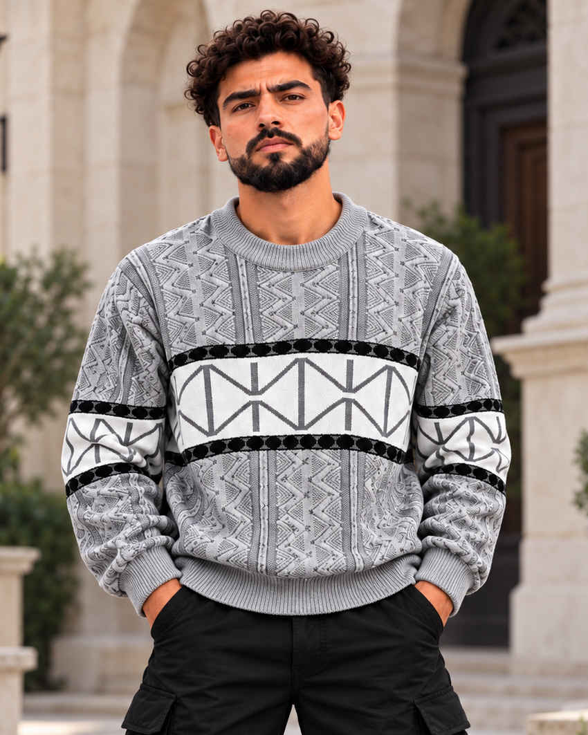 ILEERA® Geometric Stripe Knitted Crewneck Sweater