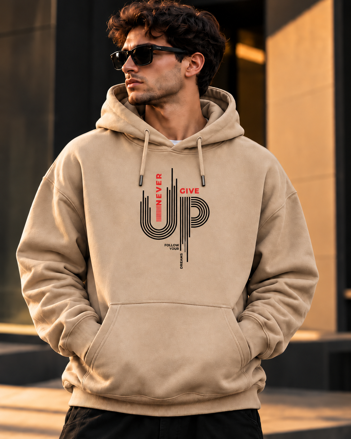 ILEERA® Premium Cotton Never Give Up Graphic Chest Print Hoodie
