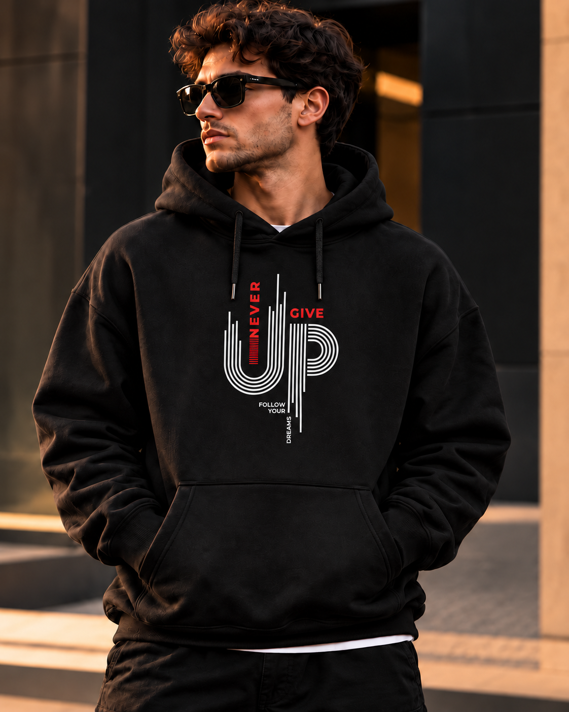 ILEERA® Premium Cotton Never Give Up Graphic Chest Print Hoodie