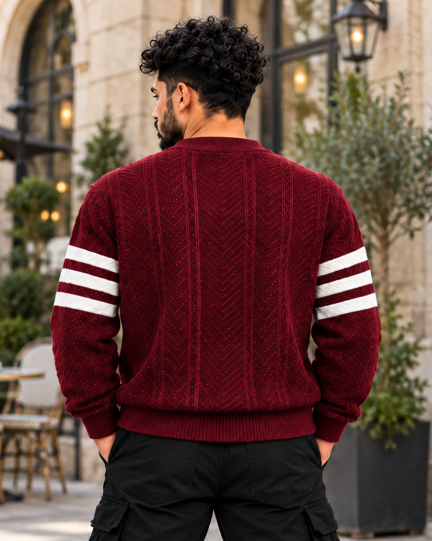 ILEERA® Textured Knit Triple Stripe Crewneck Sweater
