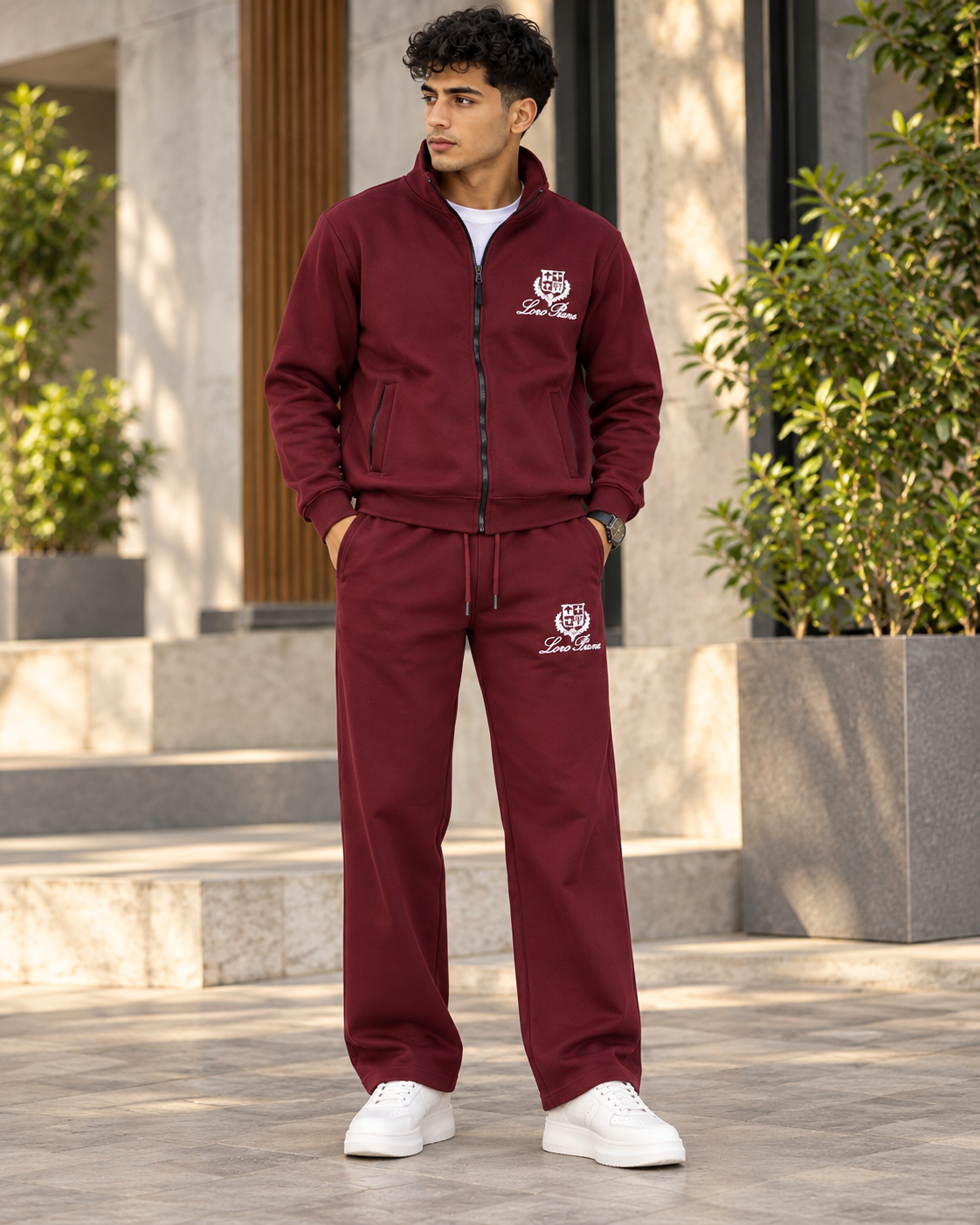 ILEERA® Crest Detail Zip-Up Jacket & Wide-Leg Pants Set