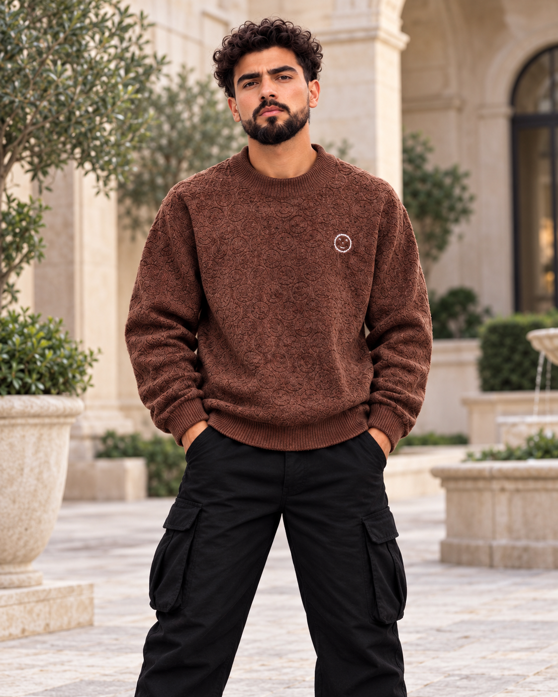 ILEERA® All-Over Smiley Textured Knit Crewneck Sweater