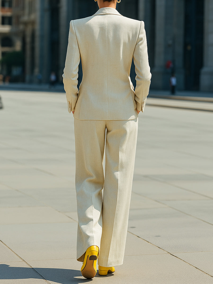Mooyius Ivory Linen-Blend Suit Set With Wide-Leg Pants