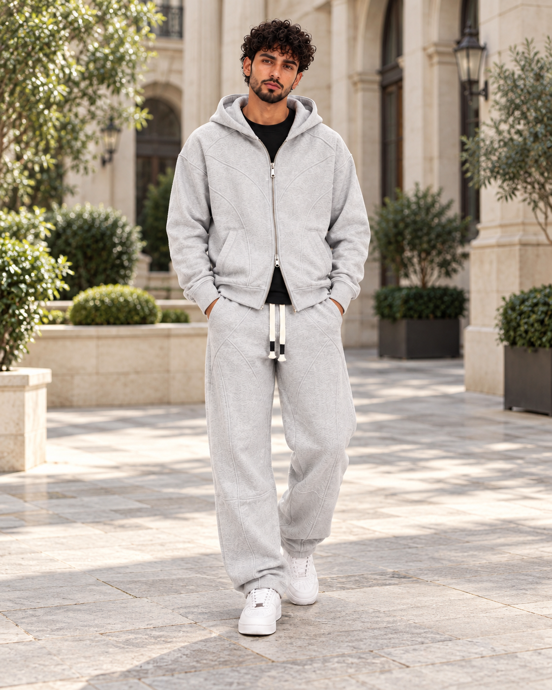 ILEERA® Tonal Pattern Zip-Up Hoodie & Pants Set