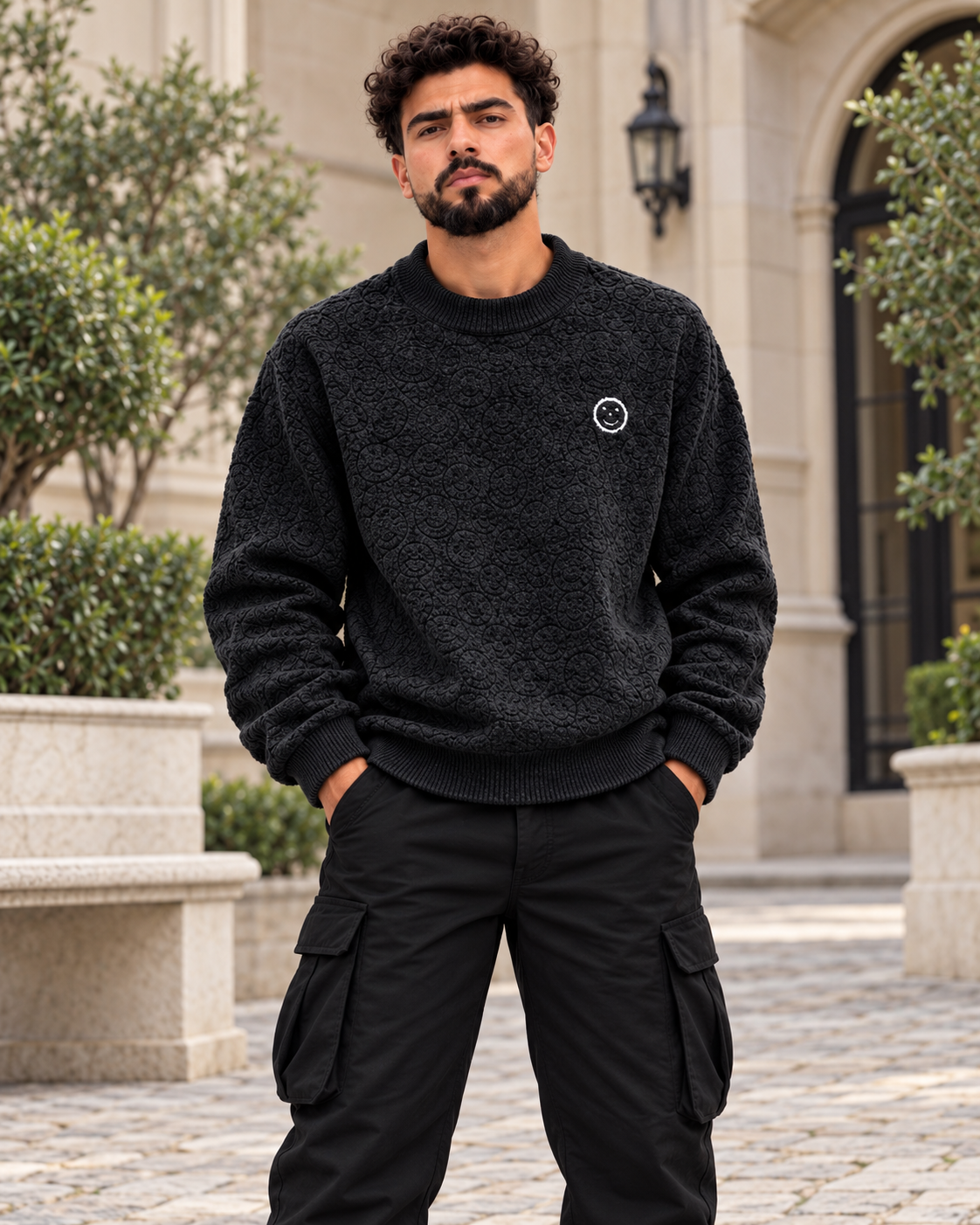 ILEERA® All-Over Smiley Textured Knit Crewneck Sweater