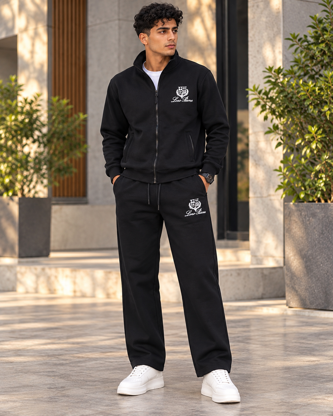 ILEERA® Crest Detail Zip-Up Jacket & Wide-Leg Pants Set