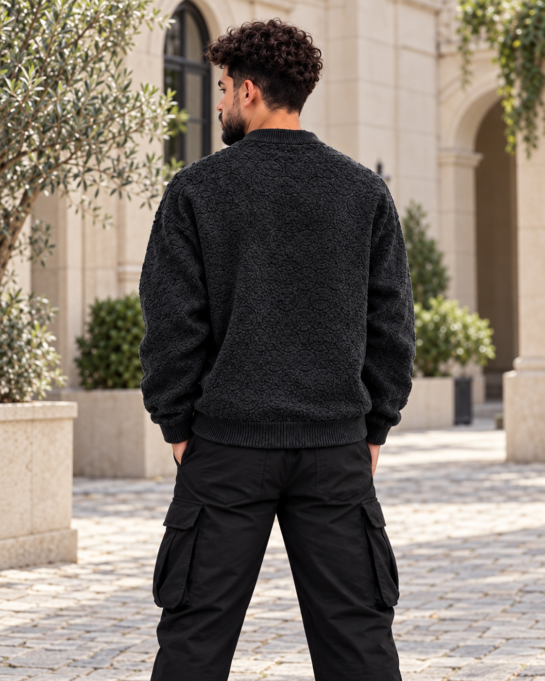 ILEERA® All-Over Smiley Textured Knit Crewneck Sweater