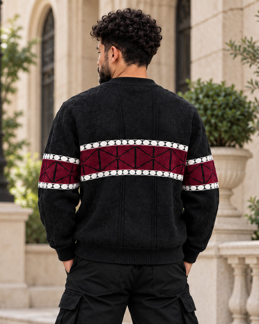 ILEERAยฎ Geometric Stripe Knitted Crewneck Sweater