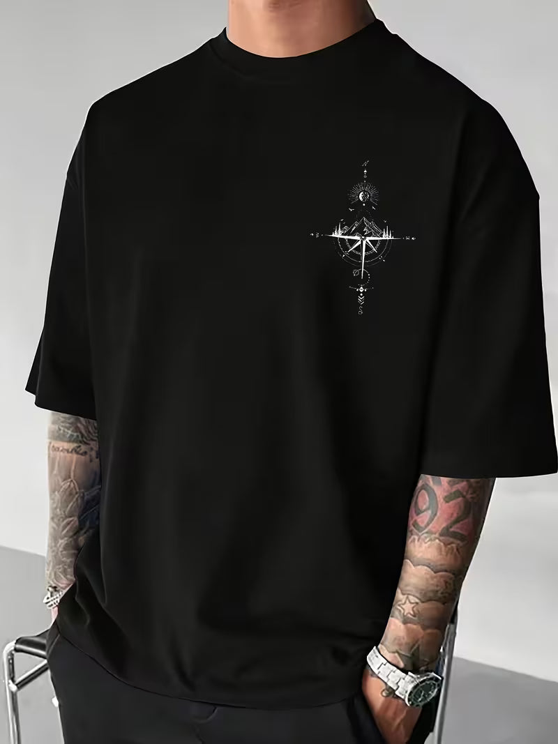 ILEERA® Premium Cotton Oversized Compass Art T-Shirt
