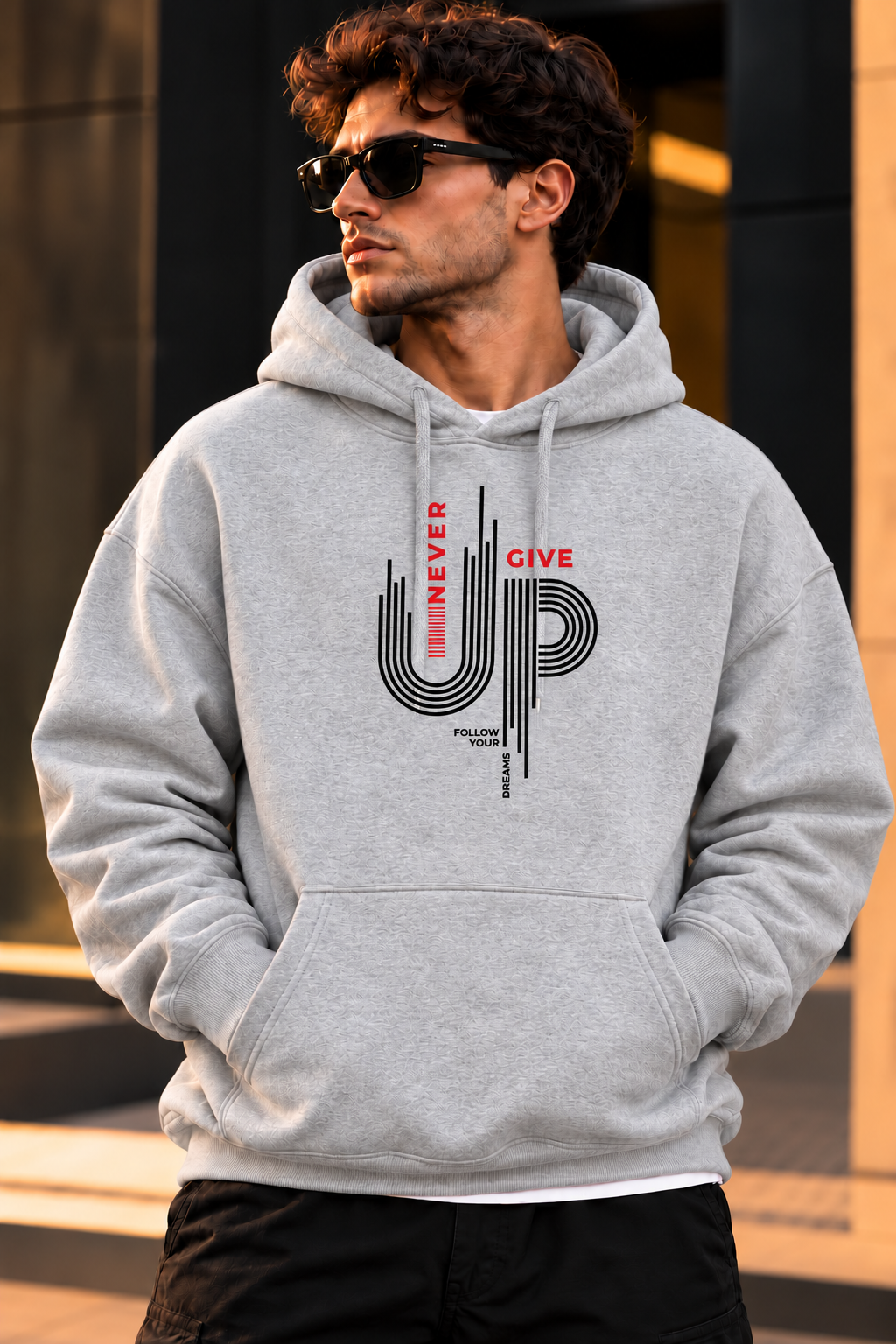 ILEERA® Premium Cotton Never Give Up Graphic Chest Print Hoodie