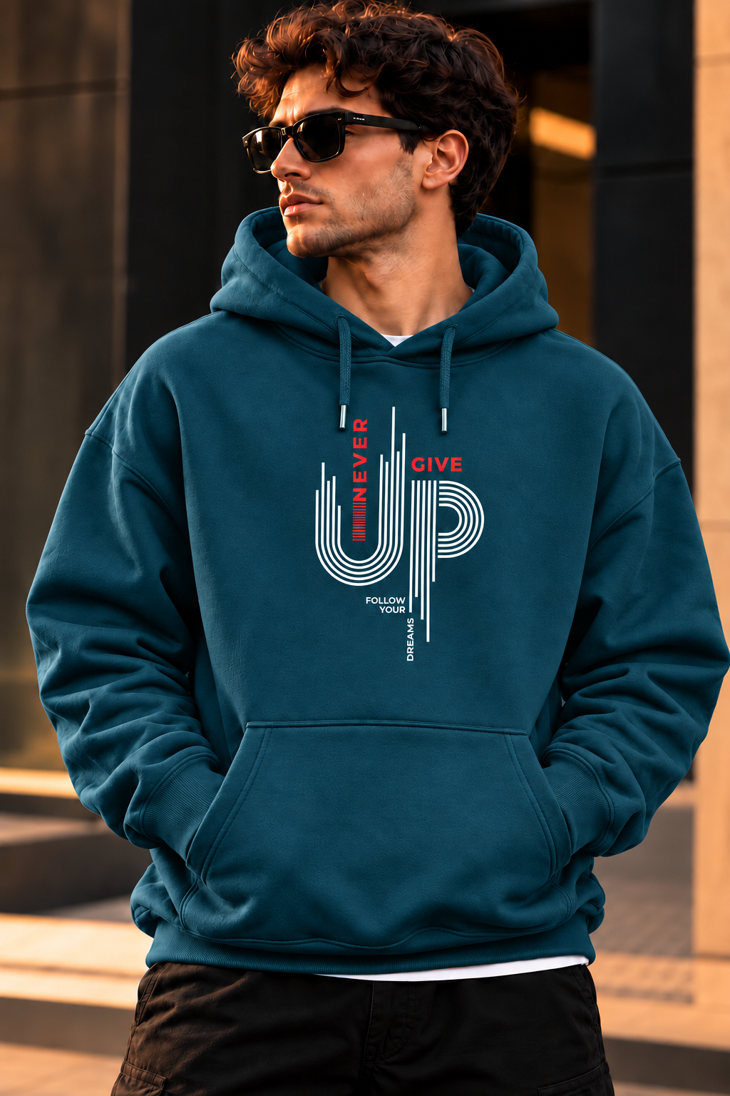 ILEERA® Premium Cotton Never Give Up Graphic Chest Print Hoodie