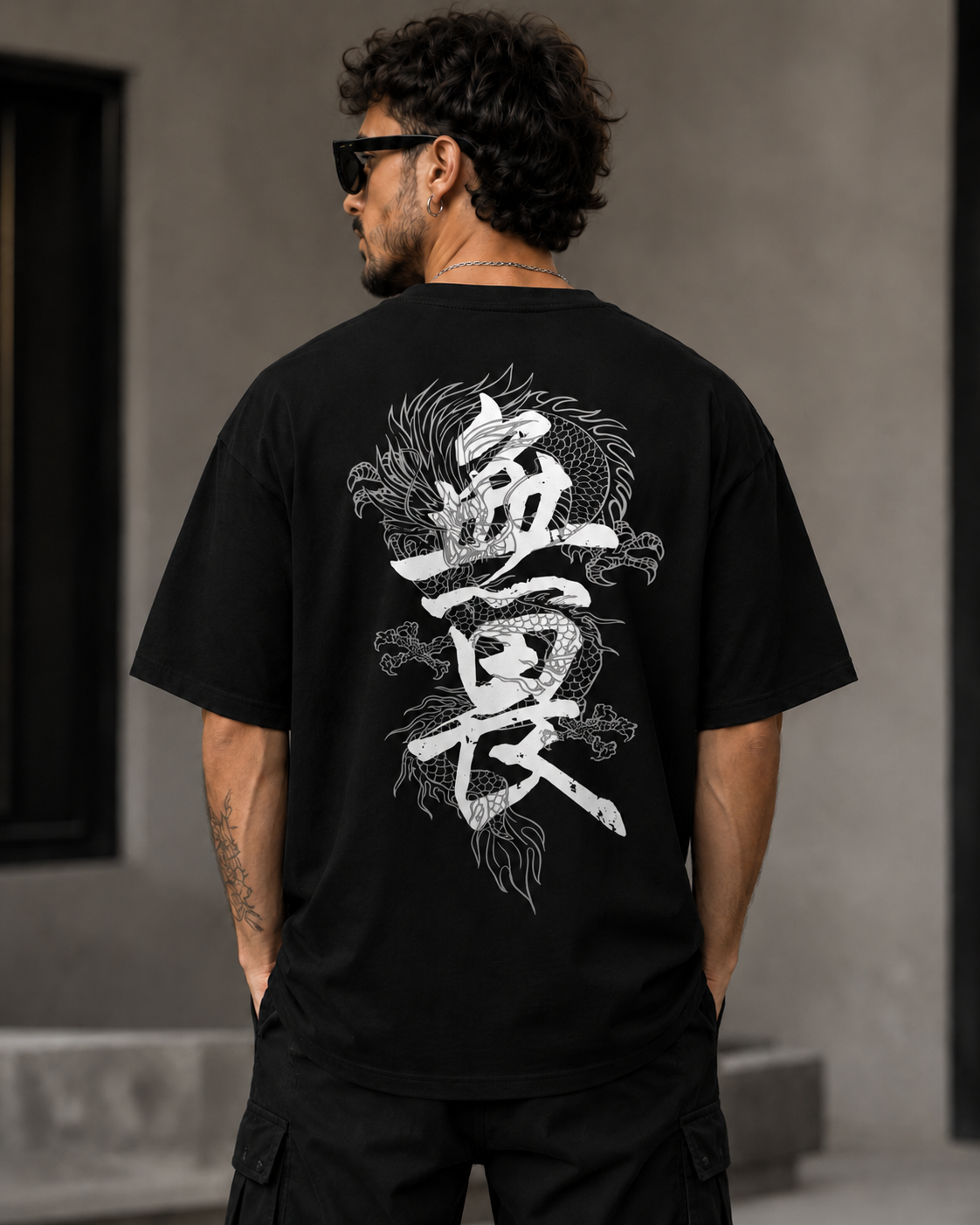 ILEERA® Premium Cotton Oversized Dragon Kanji Back Print T-Shirt