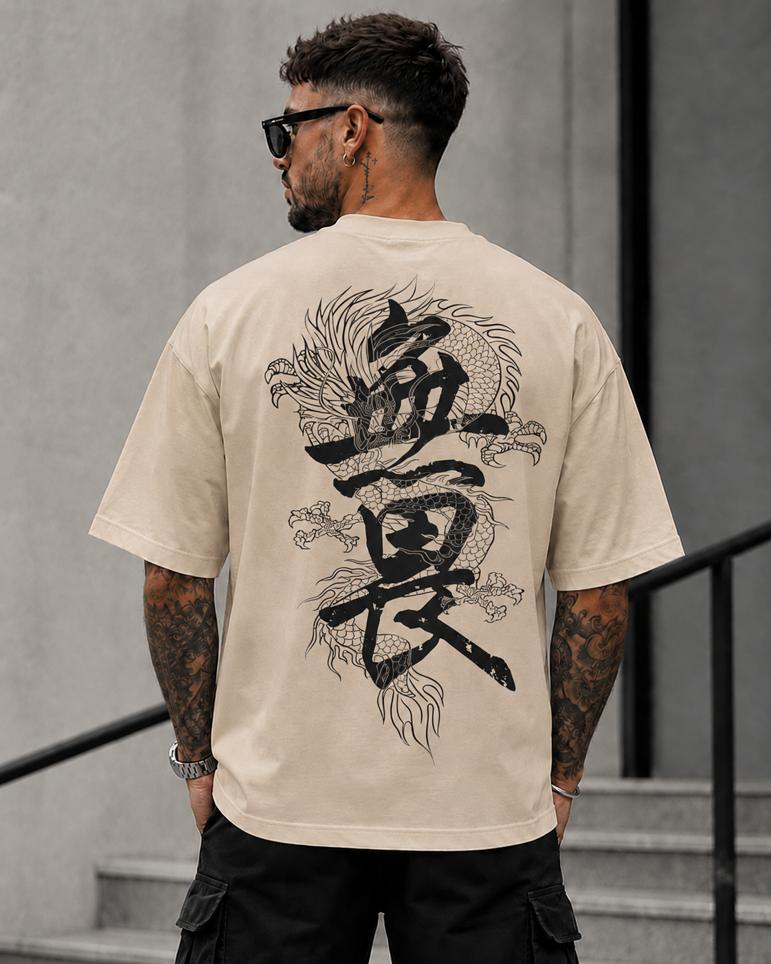 ILEERA® Premium Cotton Oversized Dragon Kanji Back Print T-Shirt