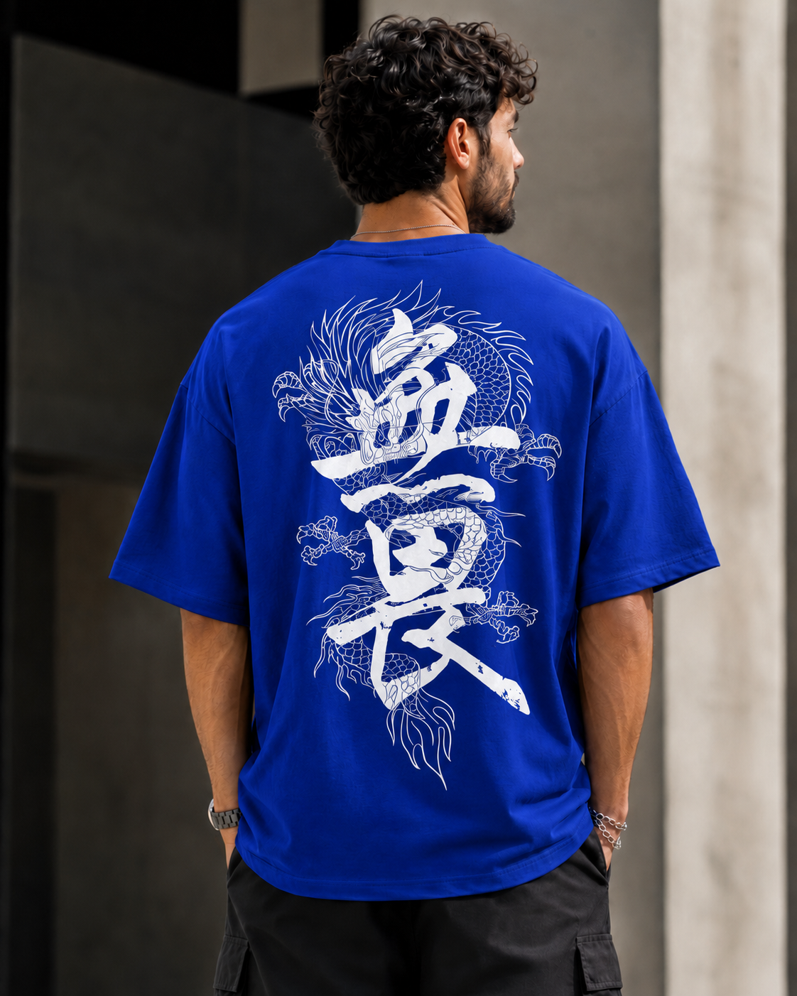 ILEERA® Premium Cotton Oversized Dragon Kanji Back Print T-Shirt