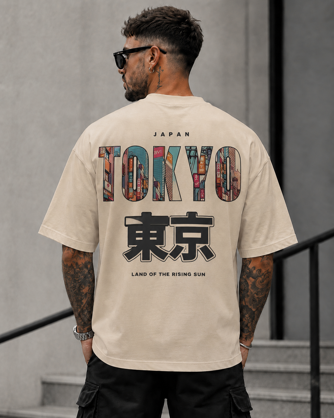 ILEERA® Premium Cotton Oversized Tokyo Urban Back Print T-Shirt