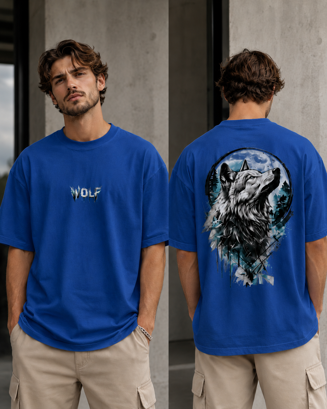 ILEERA® Premium Cotton Oversized Wolf Moon Back Print T-Shirt