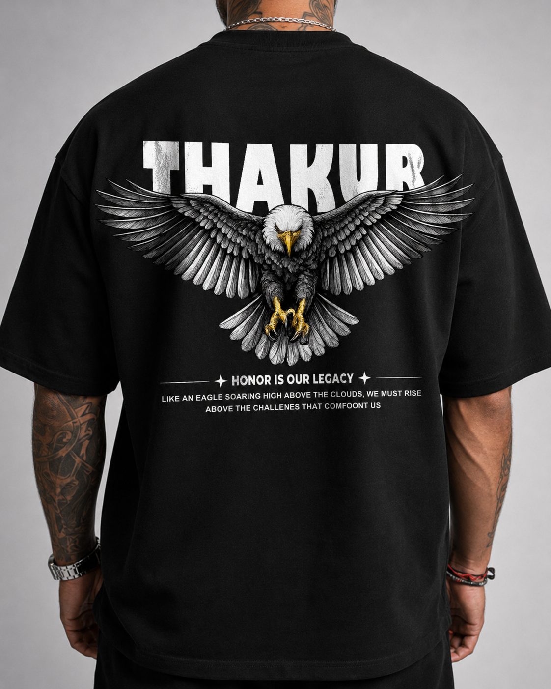 ILEERA® Oversized Thakur Eagle Front & Back Print T-Shirt