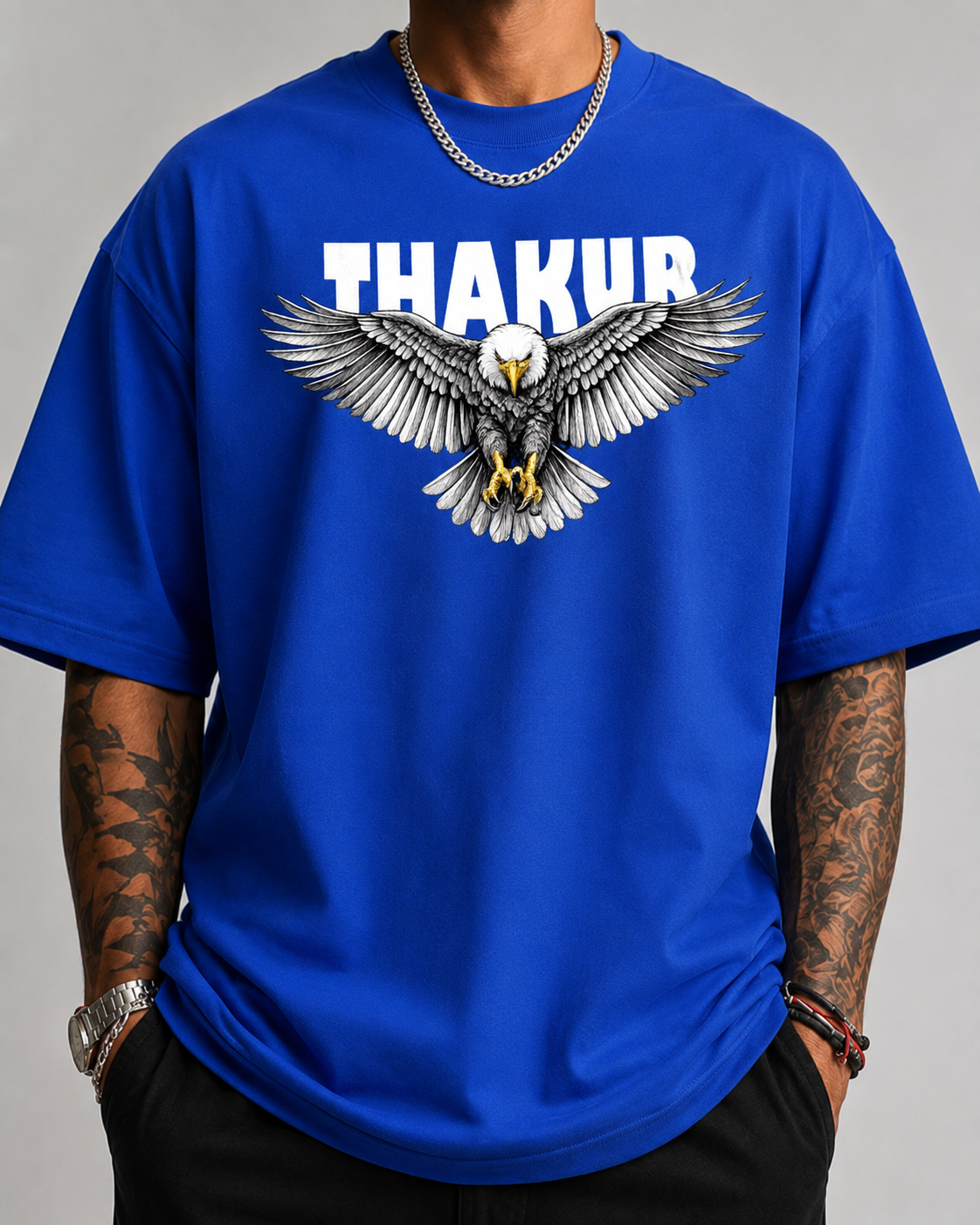 ILEERA® Oversized Thakur Eagle Front & Back Print T-Shirt