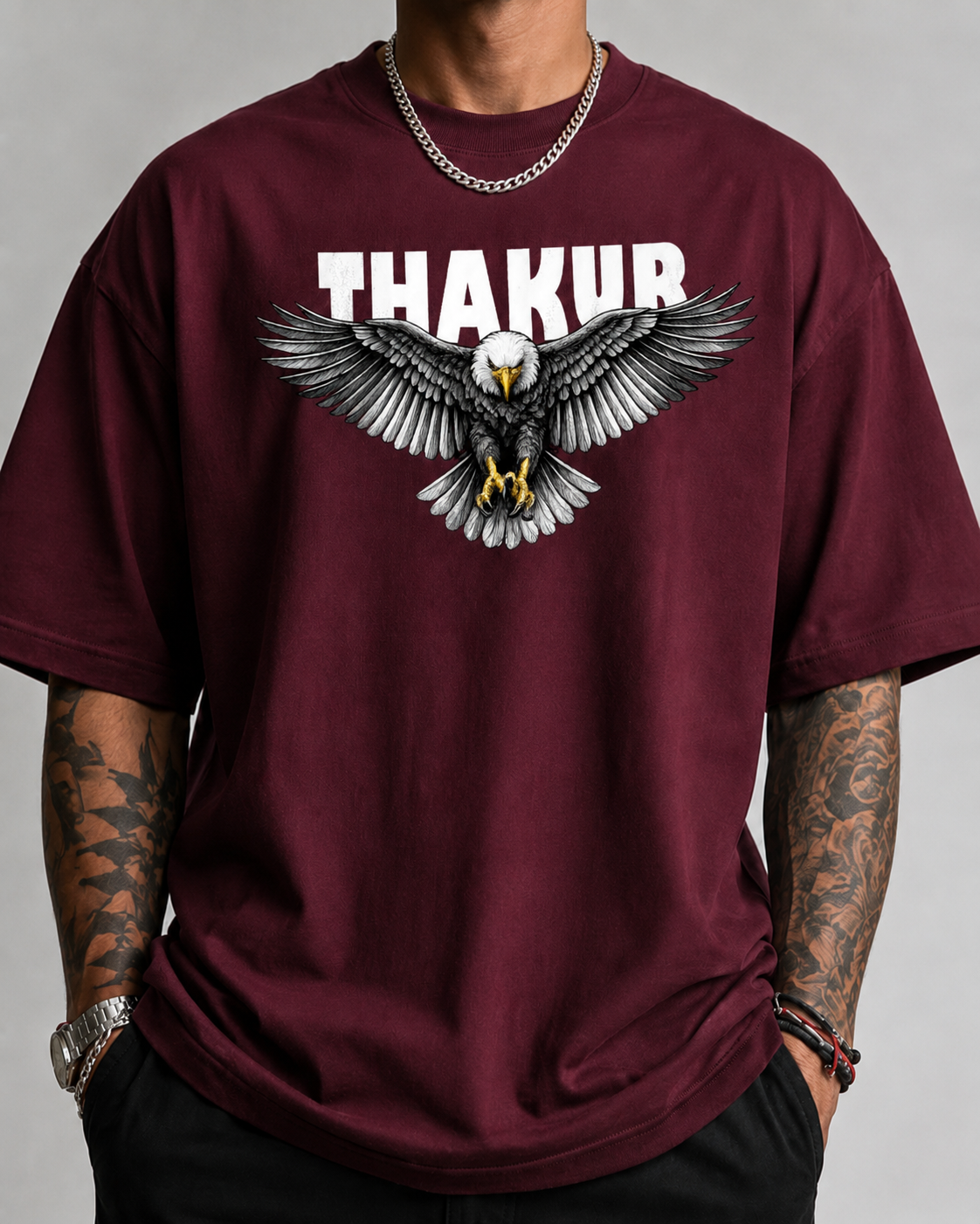 ILEERA® Oversized Thakur Eagle Front & Back Print T-Shirt