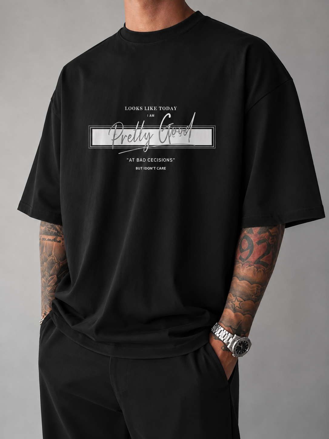 ILEERA® Oversized Pretty Good At Bad Decisions Front Print T-Shirt