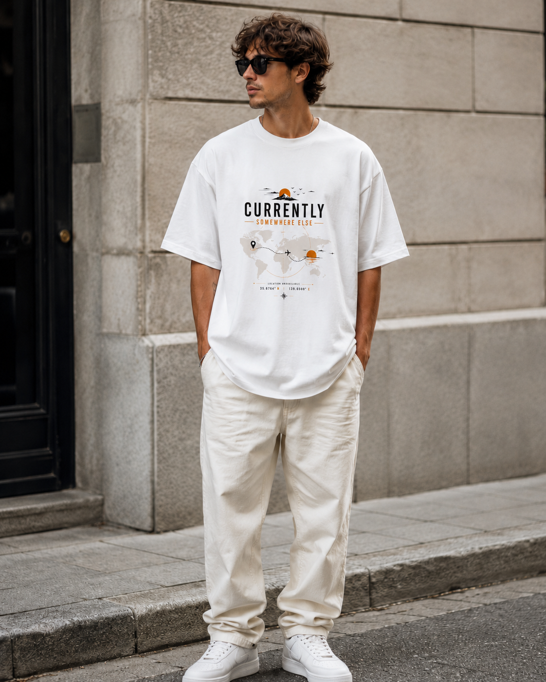 ILEERA® Premium Cotton Oversized Currently Somewhere Else Front Print T-Shirt