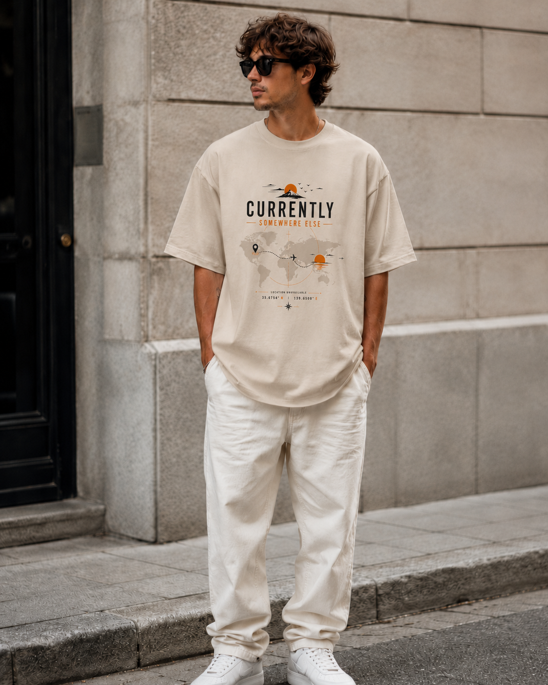 ILEERA® Premium Cotton Oversized Currently Somewhere Else Front Print T-Shirt