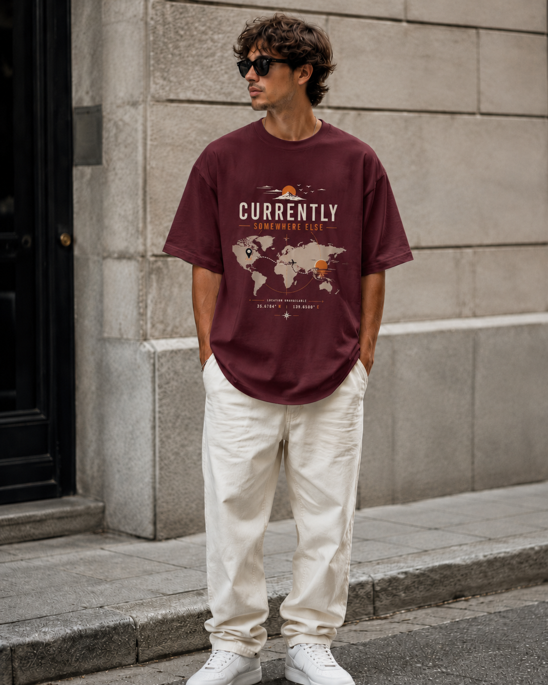 ILEERA® Premium Cotton Oversized Currently Somewhere Else Front Print T-Shirt