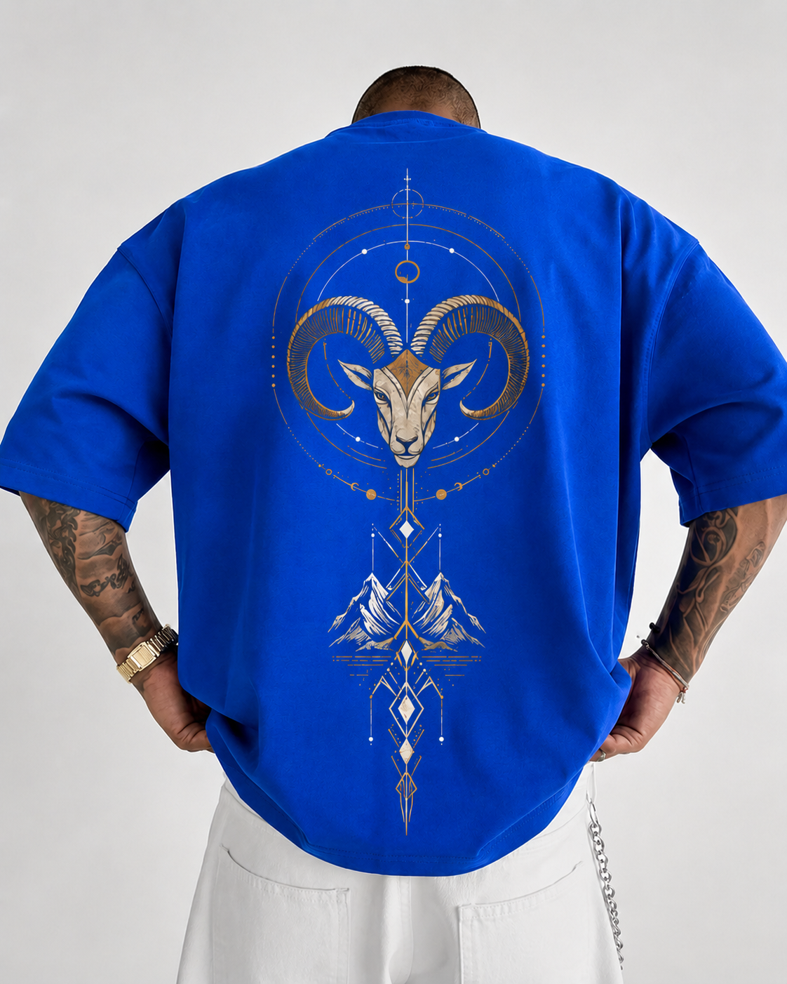 ILEERA® Premium Cotton Oversized Celestial Ram Front & Back Print T-Shirt
