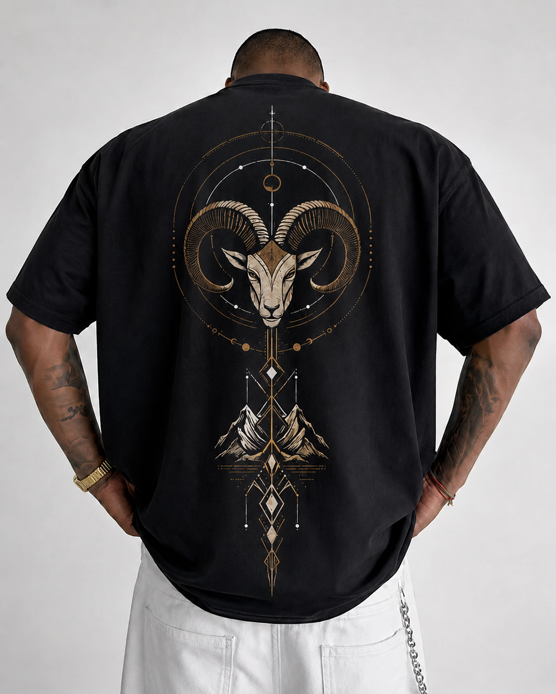 ILEERA® Premium Cotton Oversized Celestial Ram Front & Back Print T-Shirt