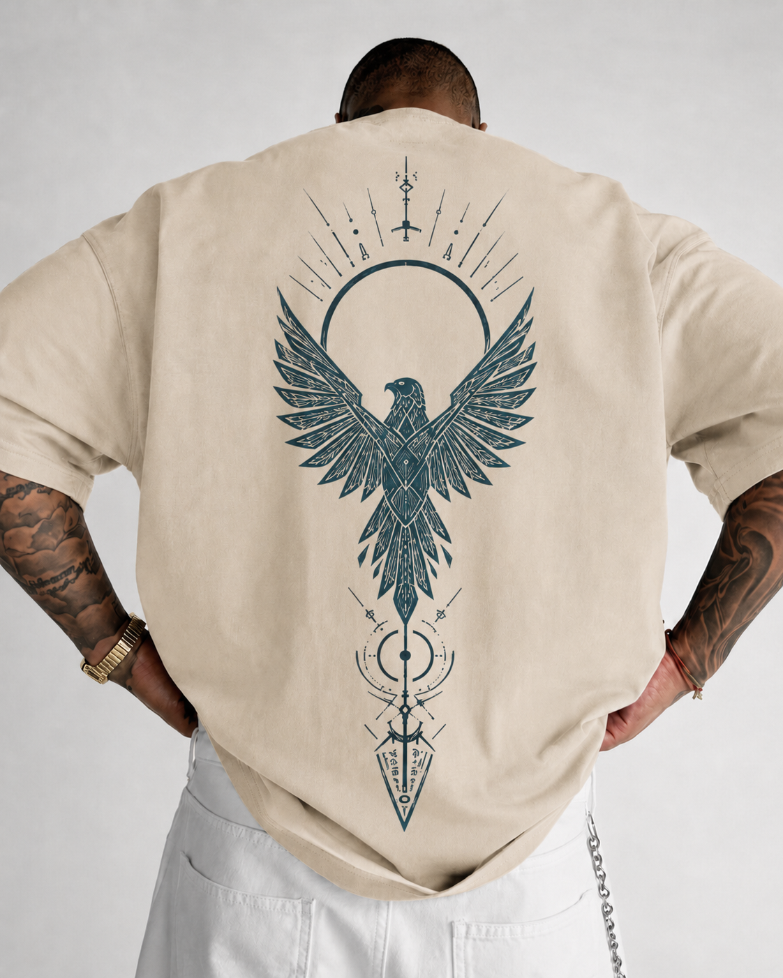 ILEERA® Premium Cotton Oversized Celestial Falcon Front & Back Print T-Shirt