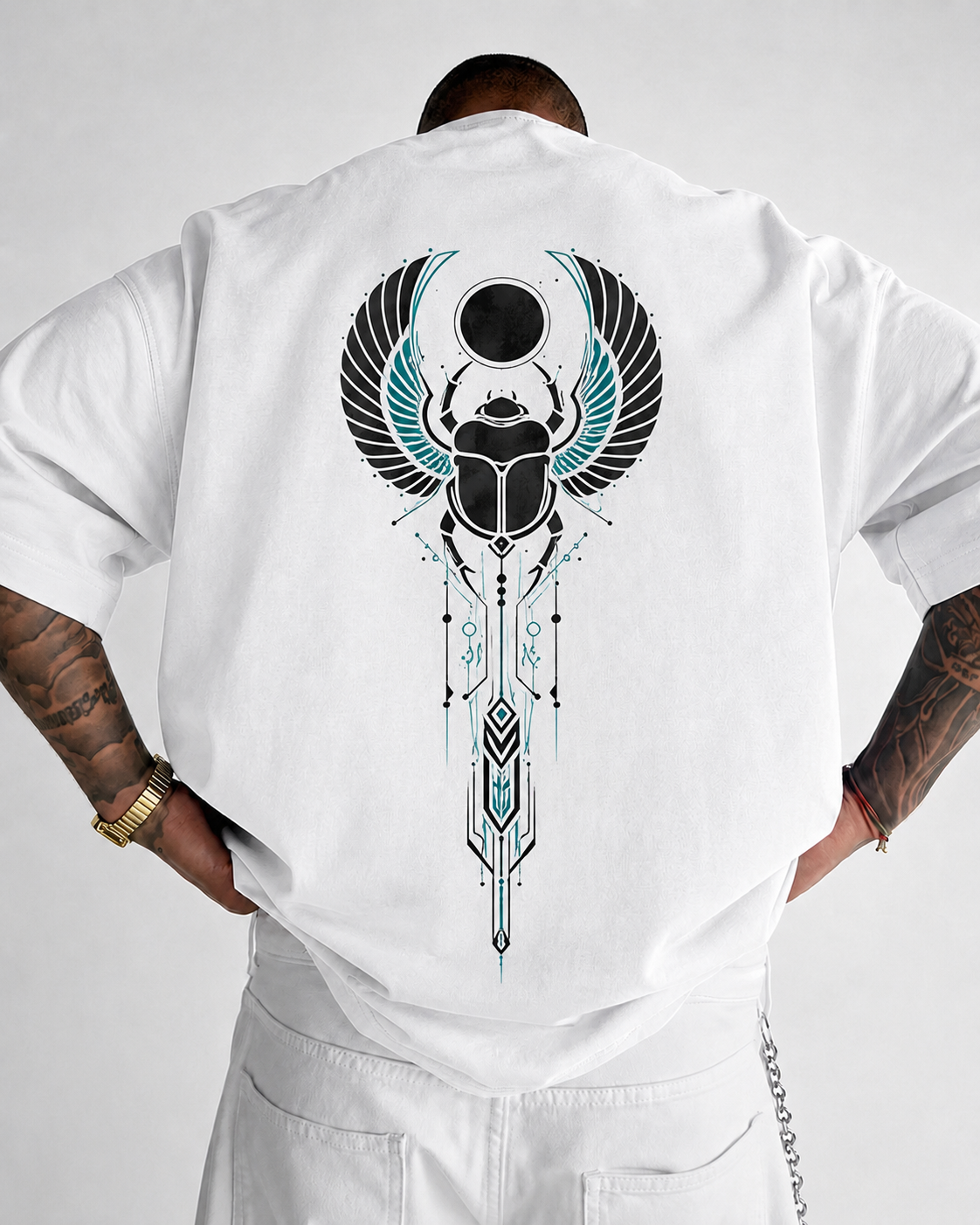 ILEERA® Premium Cotton Oversized Winged Scarab Front & Back Print T-Shirt