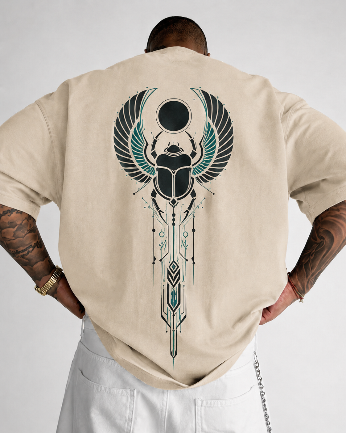 ILEERA® Premium Cotton Oversized Winged Scarab Front & Back Print T-Shirt