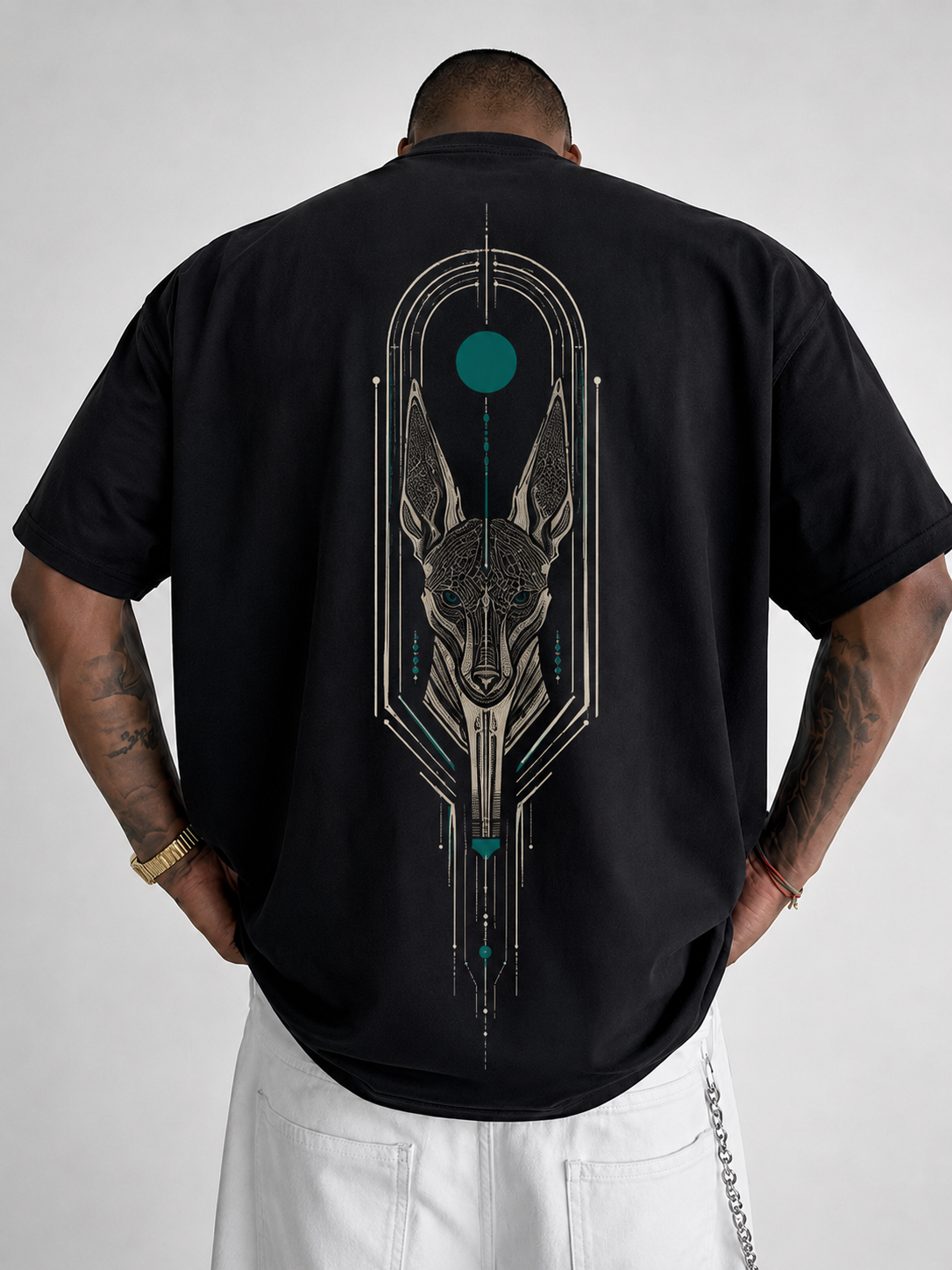 ILEERA® Premium Cotton Oversized Anubis Eclipse Front & Back Print T-Shirt