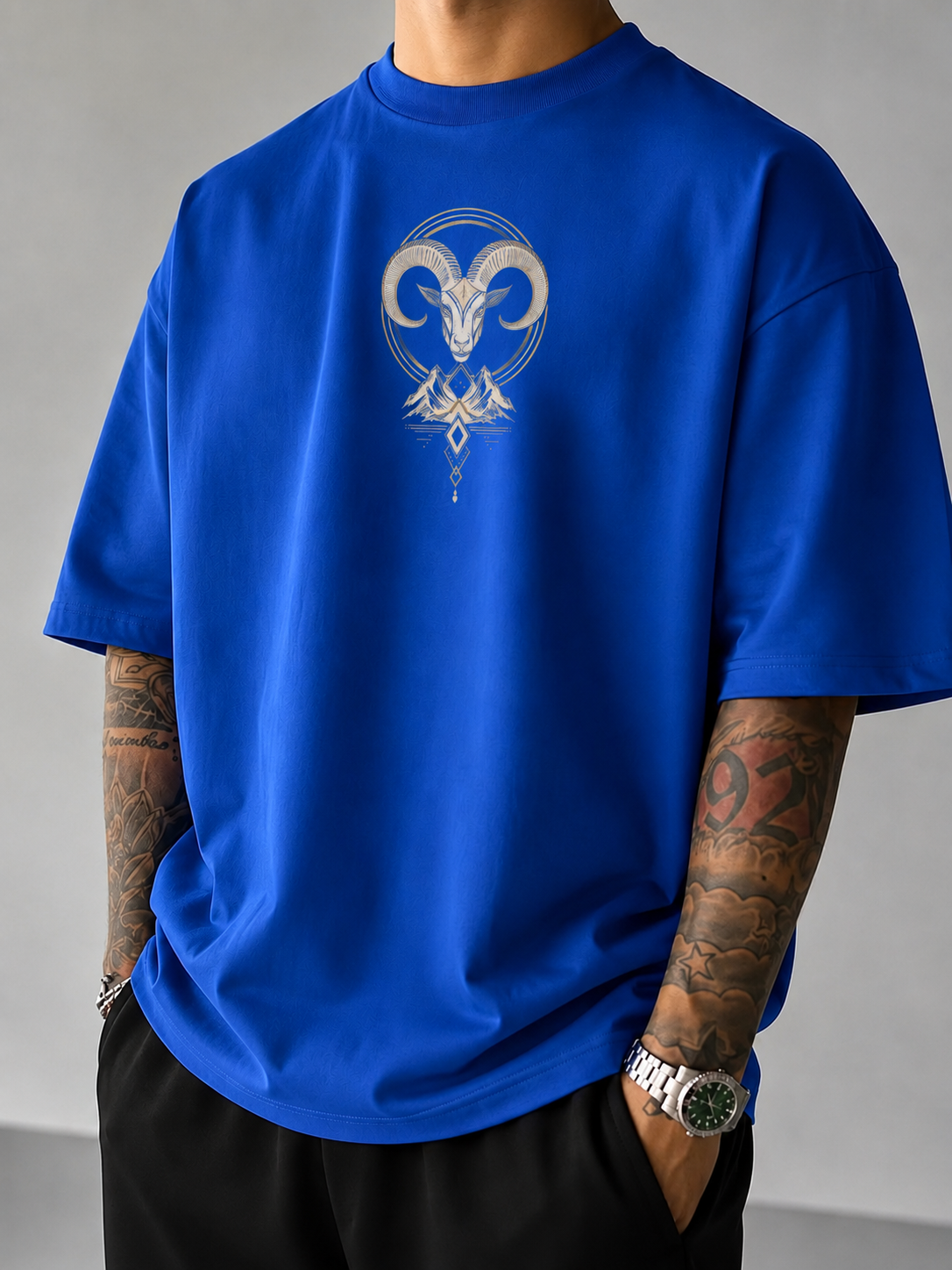 ILEERA® Premium Cotton Oversized Celestial Ram Front & Back Print T-Shirt