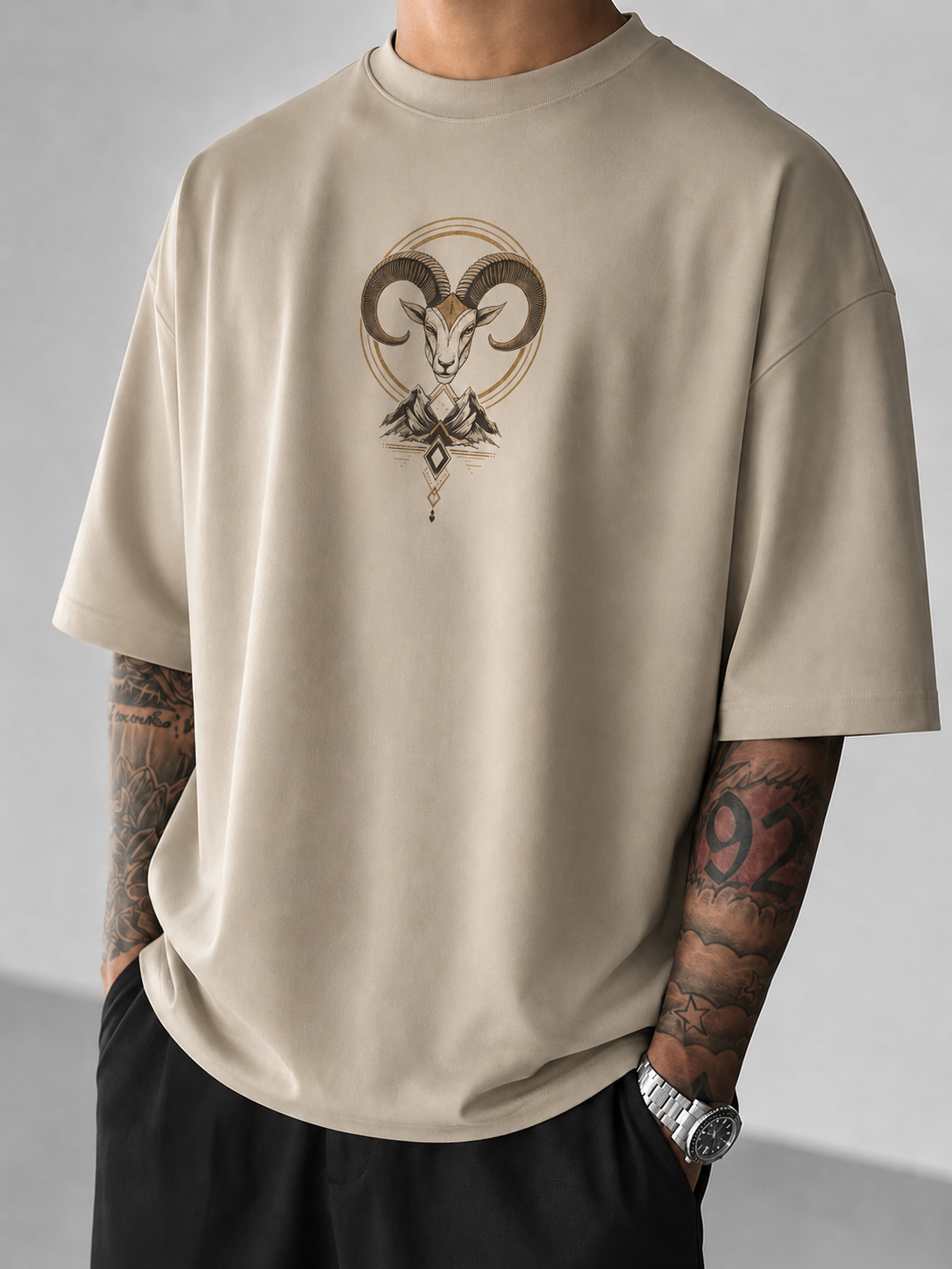 ILEERA® Premium Cotton Oversized Celestial Ram Front & Back Print T-Shirt