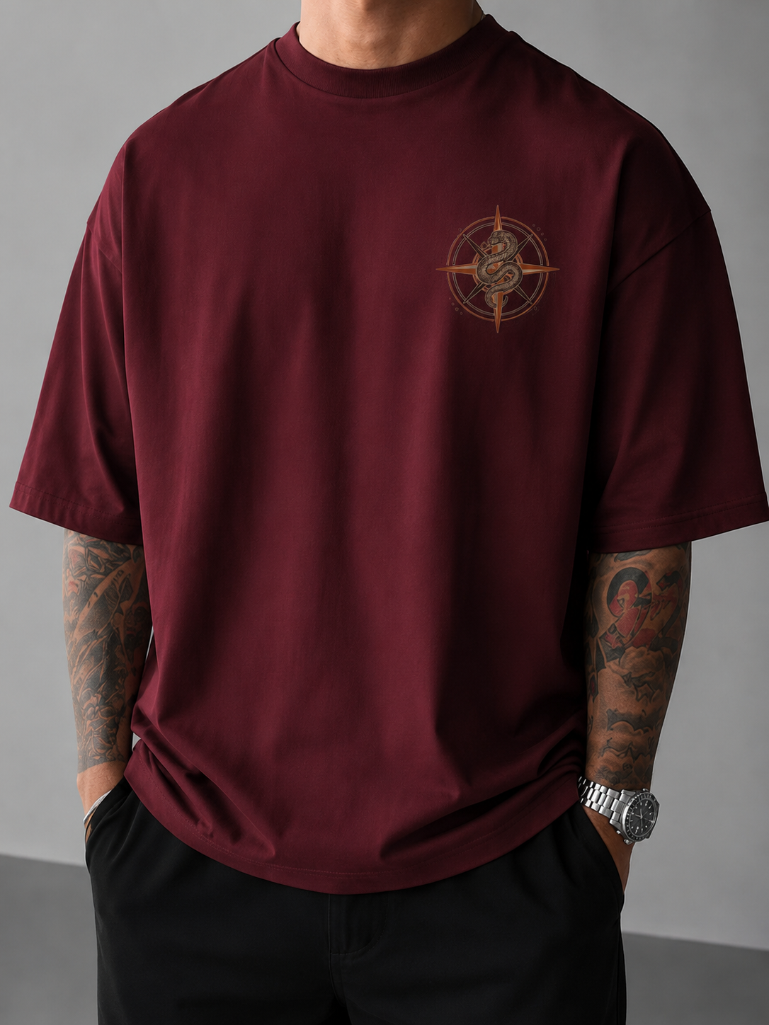 ILEERA® Premium Cotton Oversized Serpent Compass Front & Back Print T-Shirt