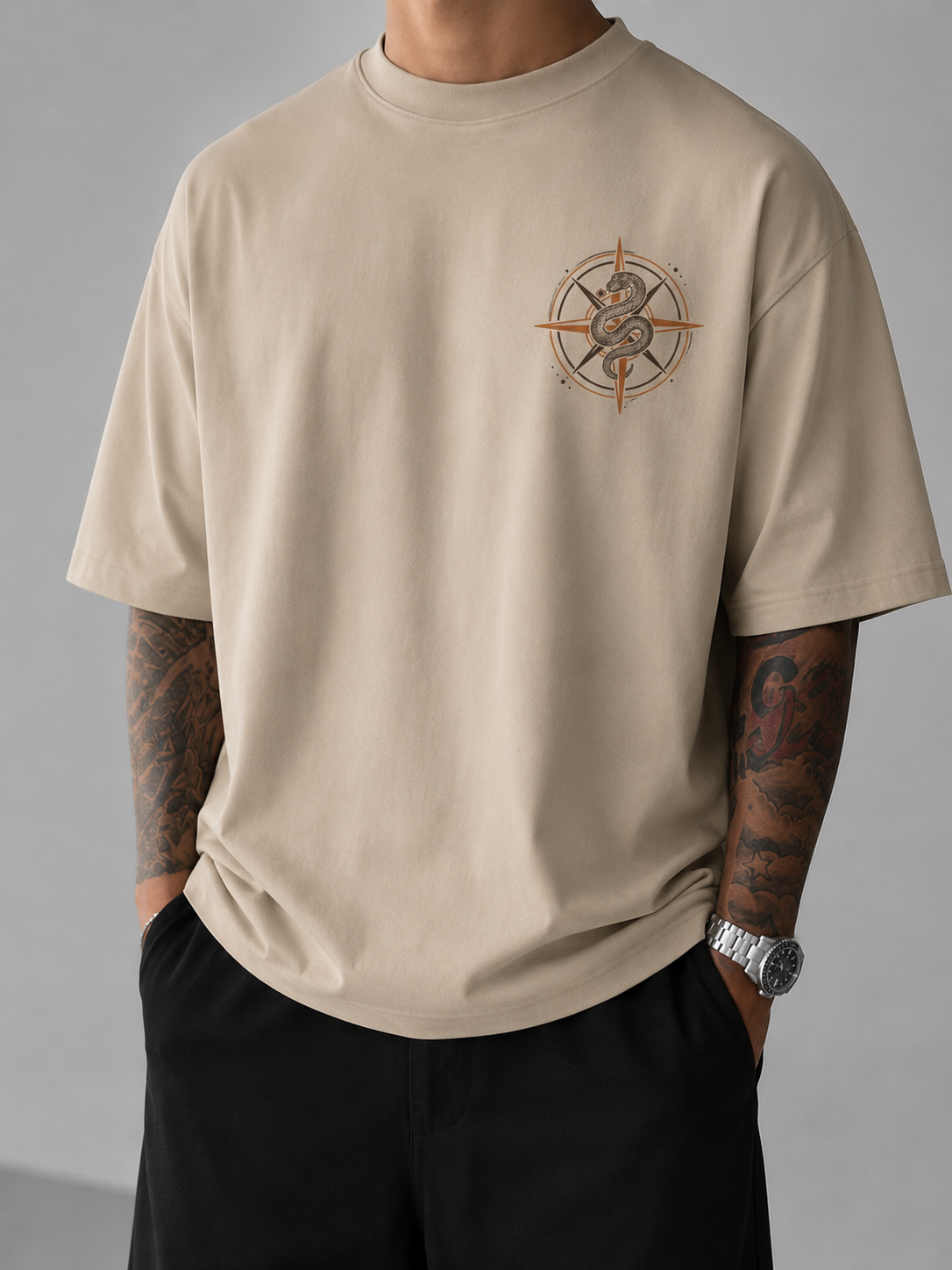 ILEERA® Premium Cotton Oversized Serpent Compass Front & Back Print T-Shirt