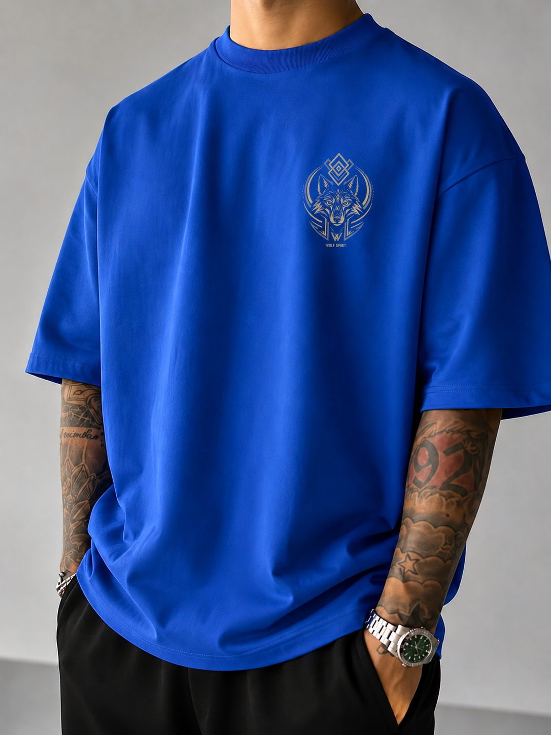 ILEERA® Premium Cotton Oversized Golden Wolf Front & Back Print T-Shirt