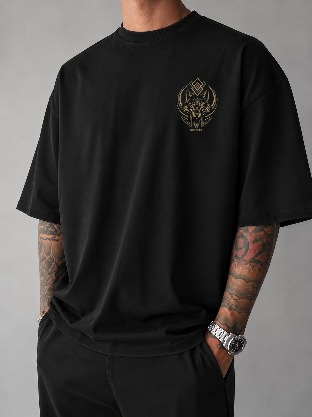 ILEERA® Premium Cotton Oversized Golden Wolf Front & Back Print T-Shirt