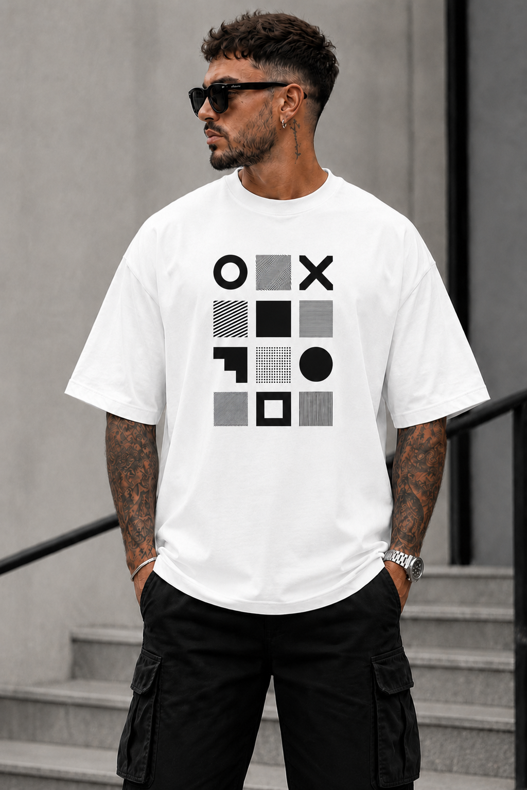 ILEERA® Premium Cotton Oversized Geometric Grid Front Print T-Shirt