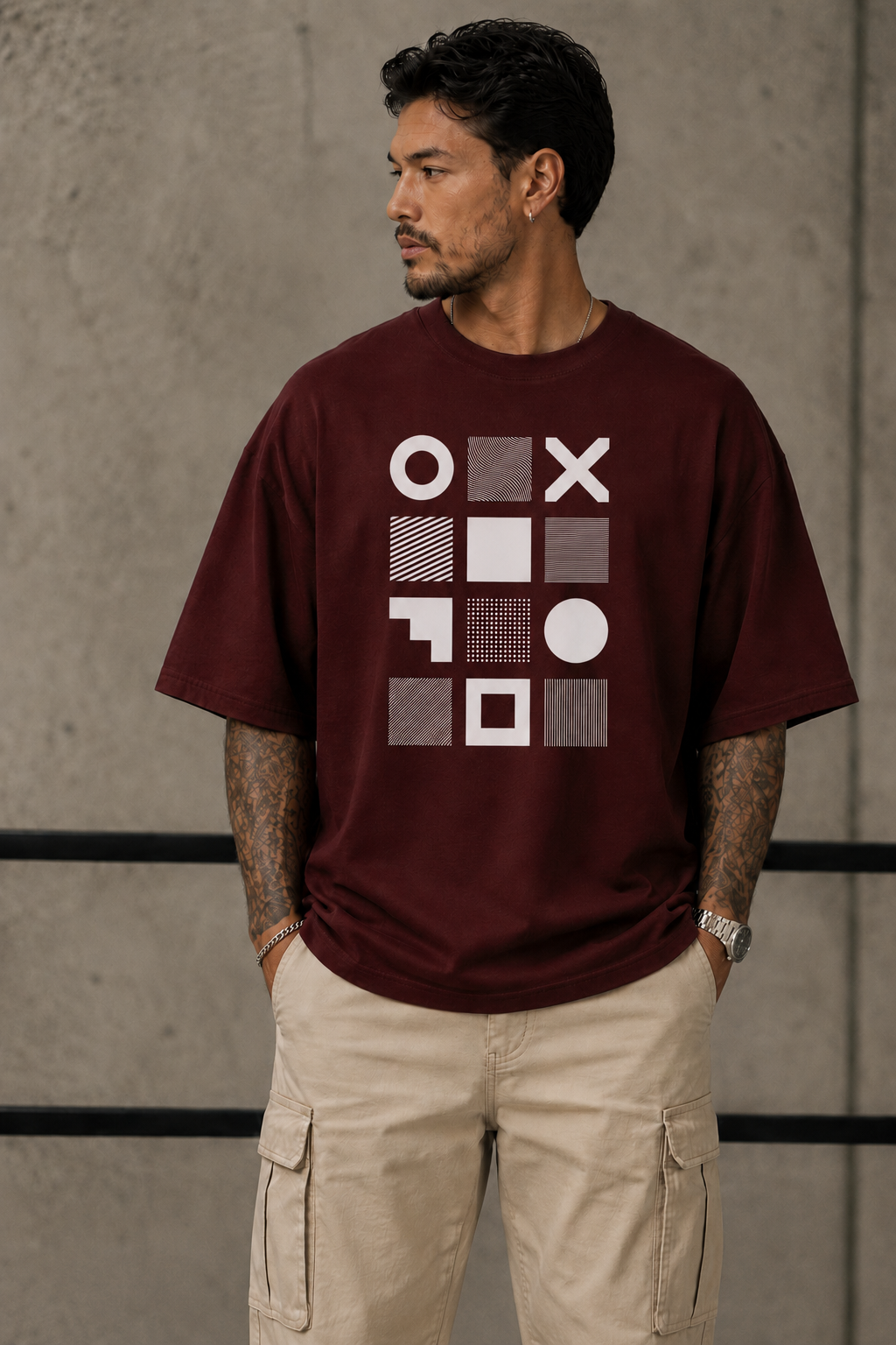 ILEERA® Premium Cotton Oversized Geometric Grid Front Print T-Shirt