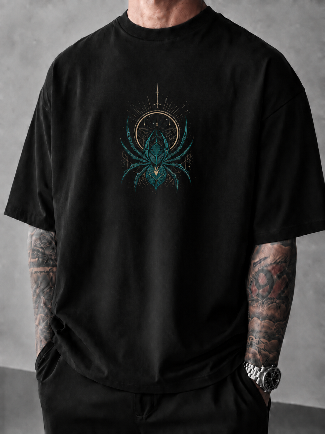 ILEERA® Premium Cotton Oversized Celestial Spider Front & Back Print T-Shirt