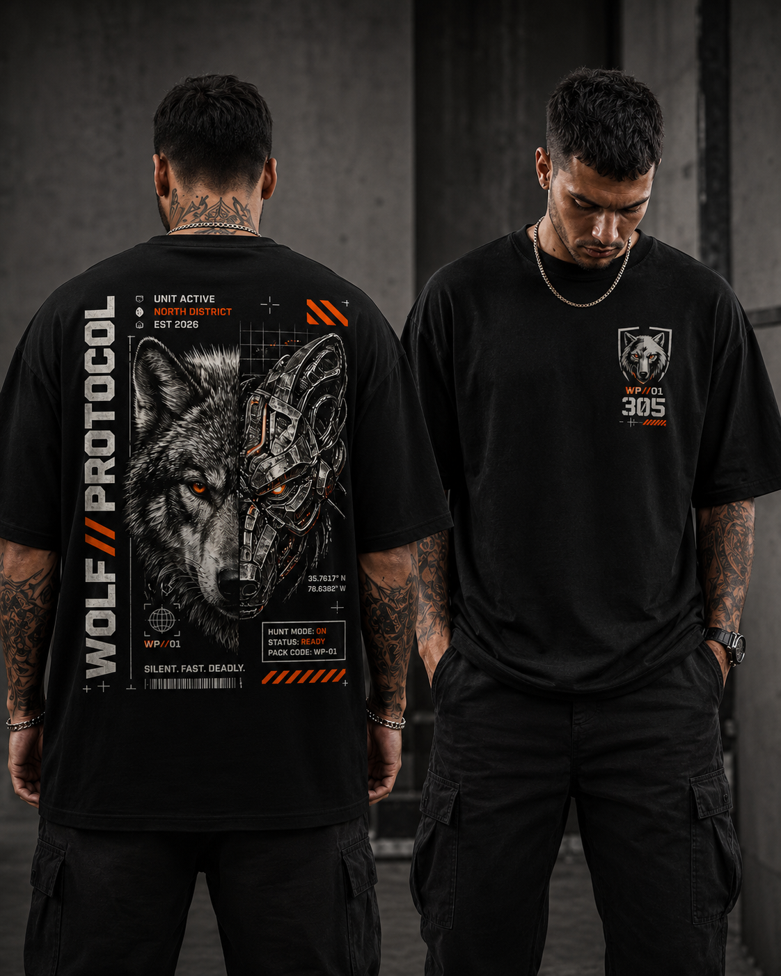 ILEERA® Premium Cotton Oversized Wolf Protocol T-Shirt