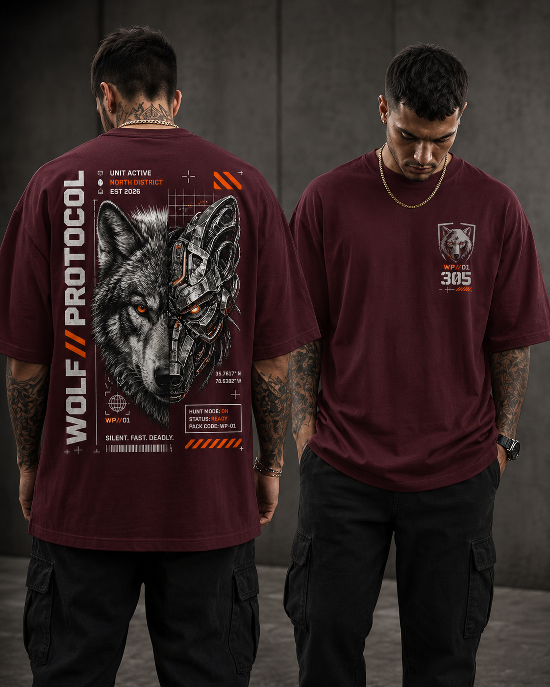 ILEERA® Premium Cotton Oversized Wolf Protocol T-Shirt