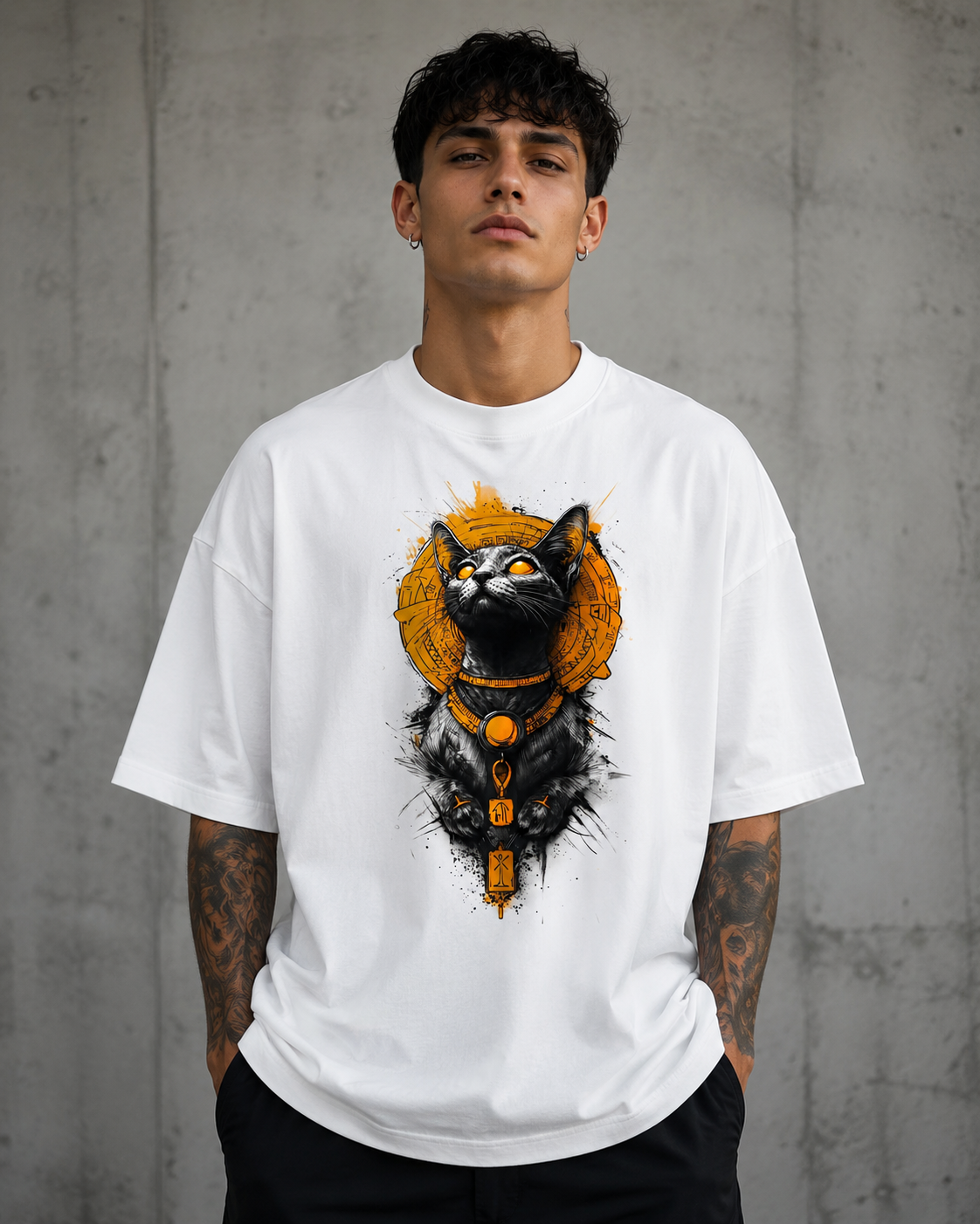 ILEERA® Premium Cotton Oversized Egyptian Cat Graphic T-Shirt