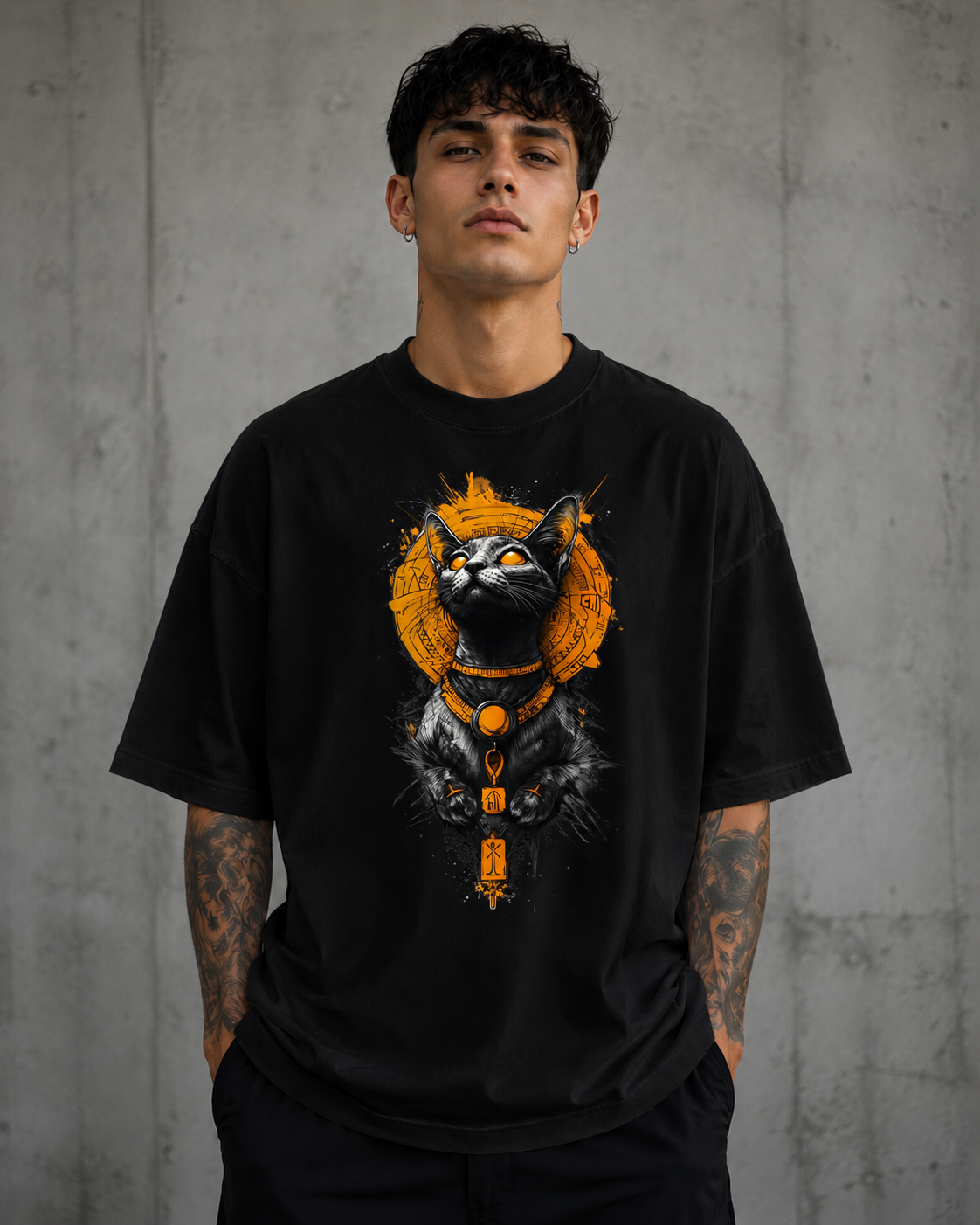 ILEERA® Premium Cotton Oversized Egyptian Cat Graphic T-Shirt