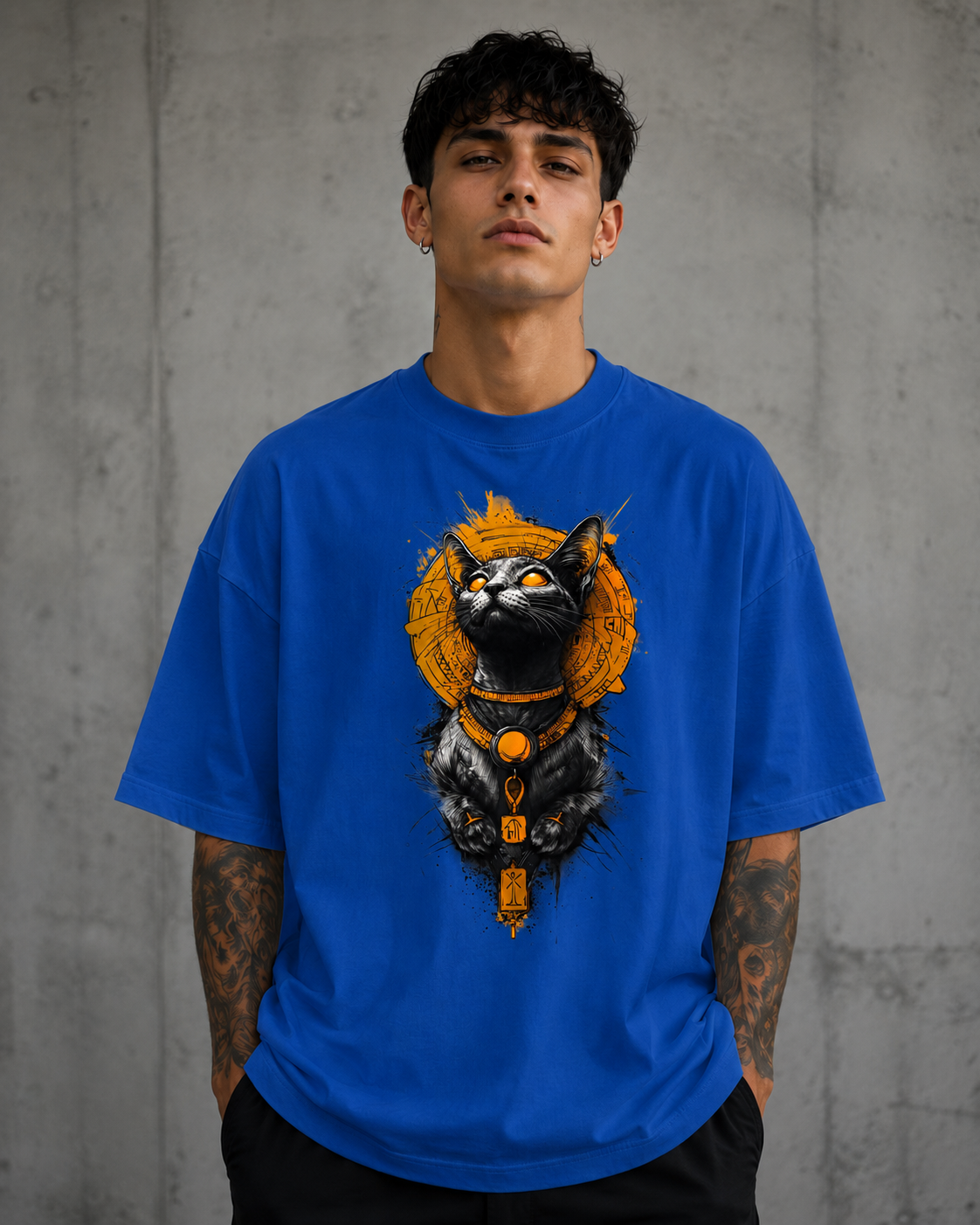 ILEERA® Premium Cotton Oversized Egyptian Cat Graphic T-Shirt