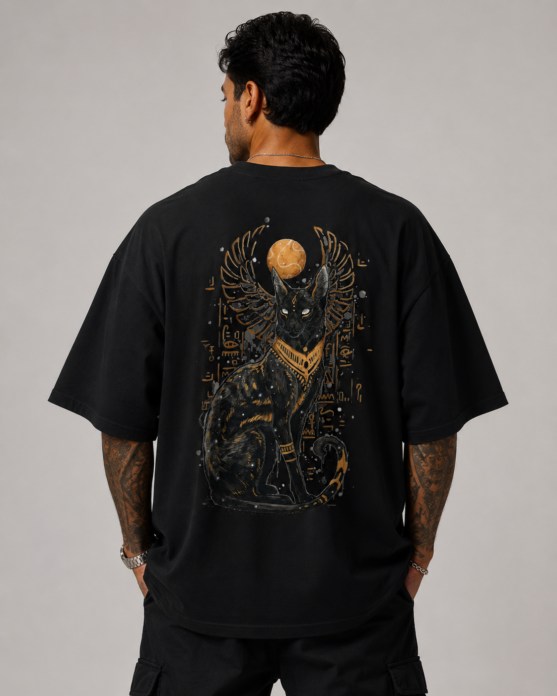 ILEERA® Premium Cotton Oversized Egyptian Cat Back Print T-Shirt